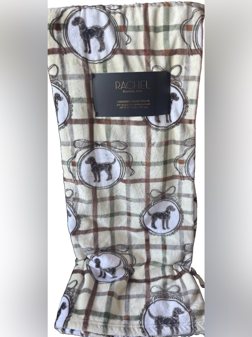 Rachel Roy Fall Oversized Plush Throw Blanket Brown Green Plaid w/Dogs NWT